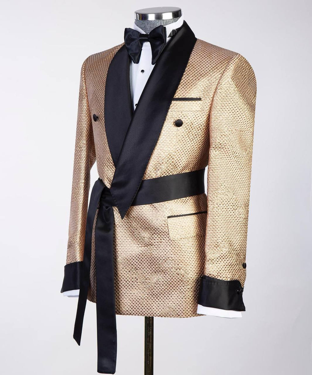 Exclusive Gold Tuxedo with Black Satin Cross Lapel