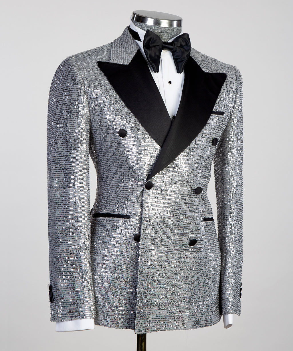 Double Breasted Silver Shiny Tuxedo