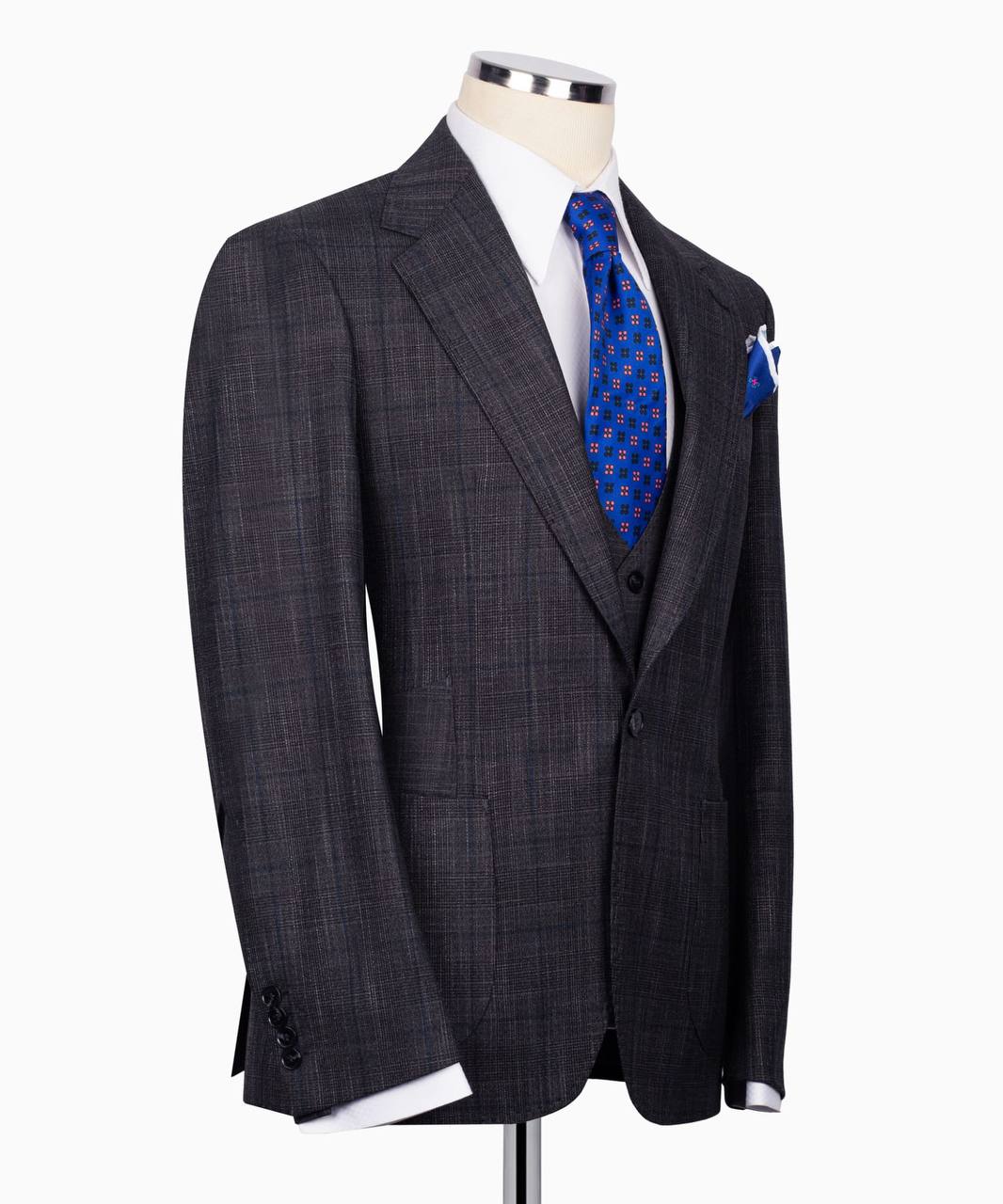 Classic Check Design 3-Piece DarkGrey Suit