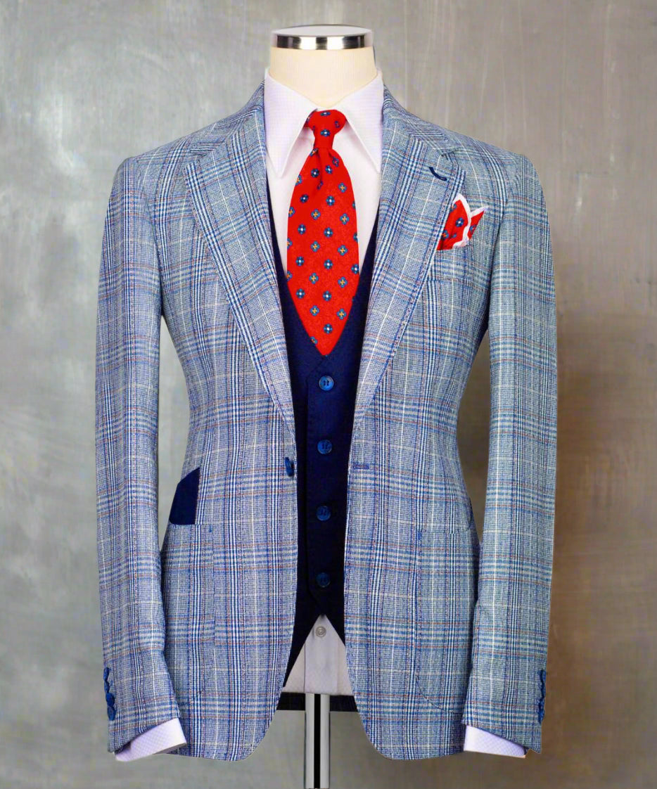 Classic Check Design 3-Piece Blue Suit