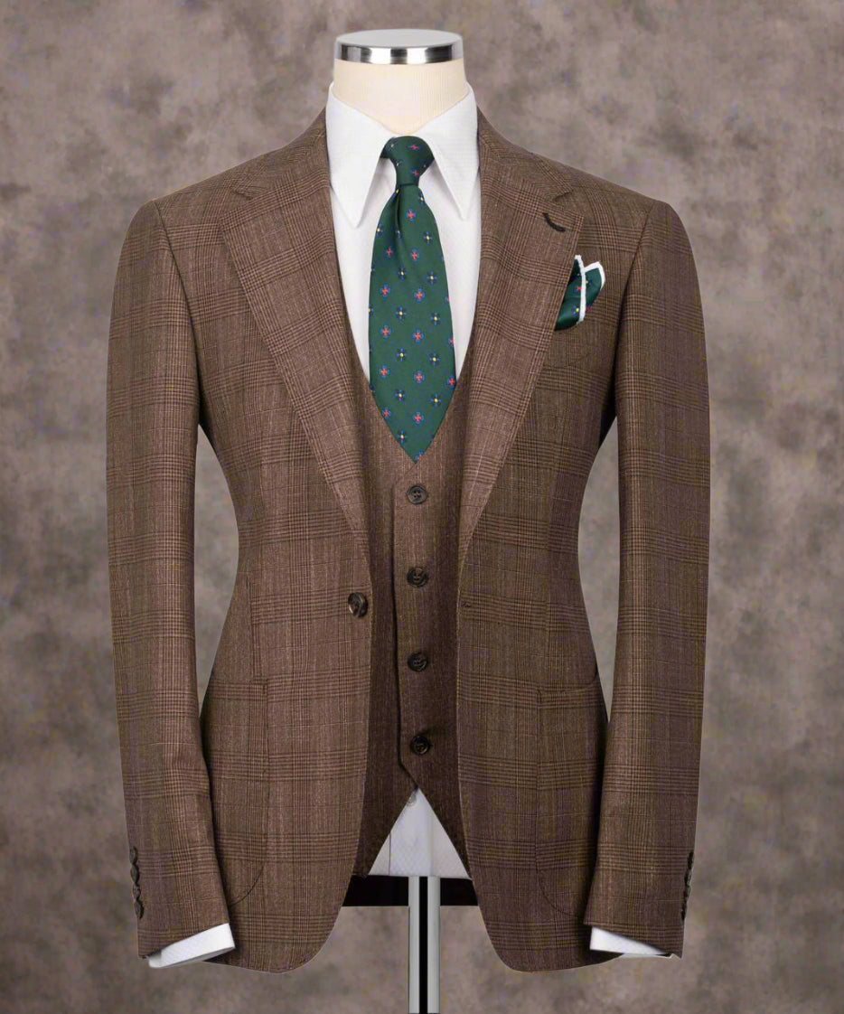 Classic Check Design 3-Piece Brown Suit