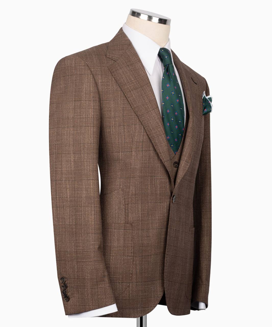 Classic Check Design 3-Piece Brown Suit