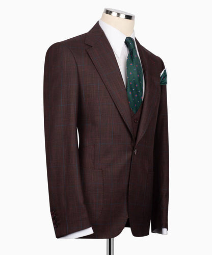 Classic Check Design 3-Piece Burgundy Suit
