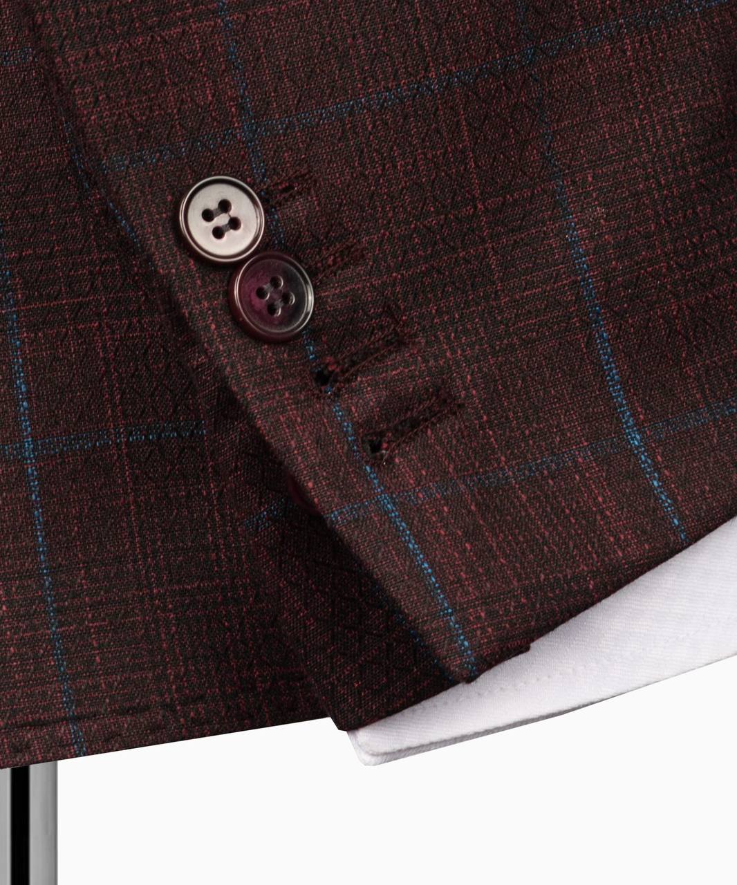 Classic Check Design 3-Piece Burgundy Suit