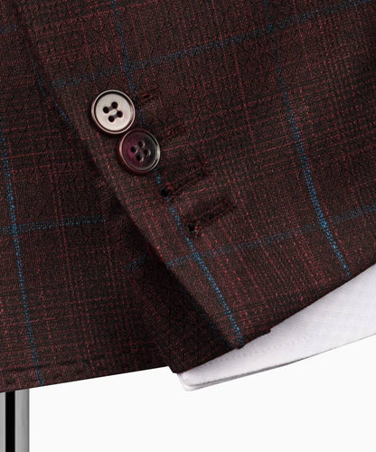 Classic Check Design 3-Piece Burgundy Suit