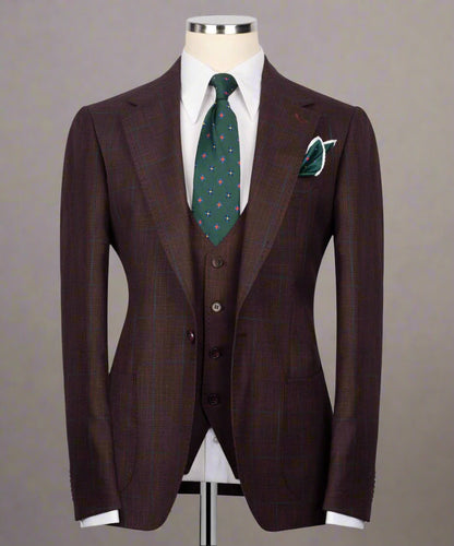 Classic Check Design 3-Piece Burgundy Suit