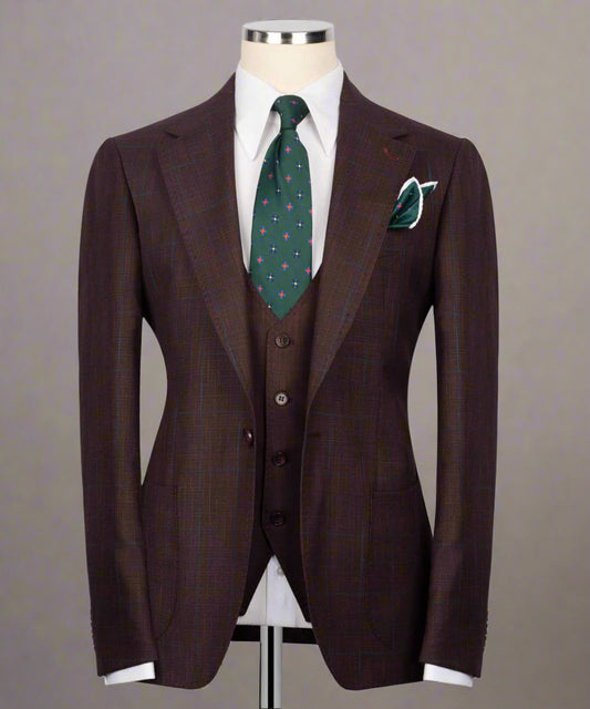 Classic Check Design 3-Piece Burgundy Suit