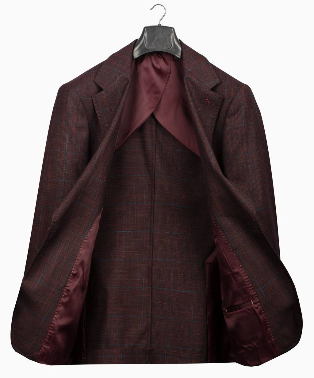 Classic Check Design 3-Piece Burgundy Suit