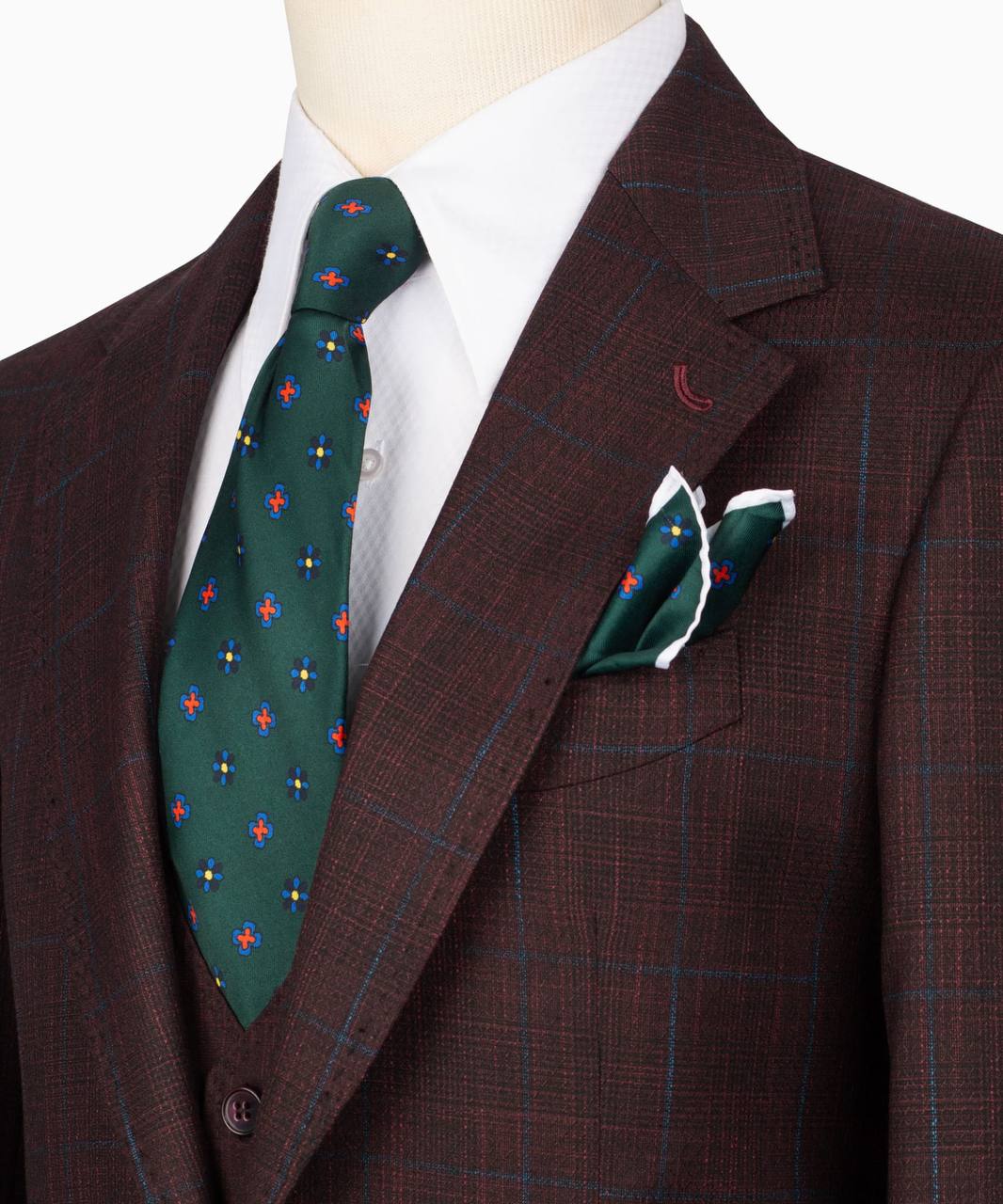 Classic Check Design 3-Piece Burgundy Suit