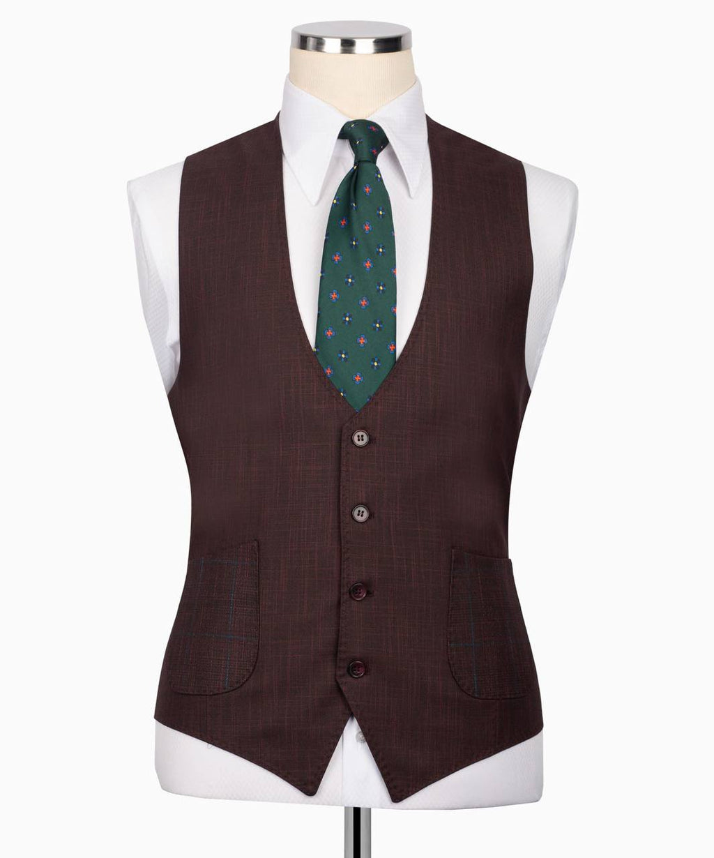 Classic Check Design 3-Piece Burgundy Suit