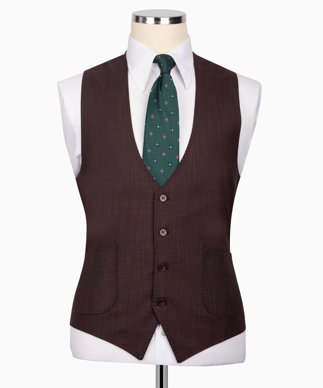 Classic Check Design 3-Piece Burgundy Suit