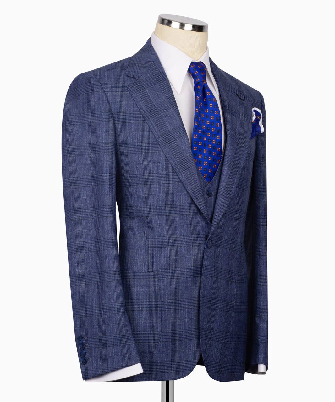 Classic Check Design 3-Piece Blue Suit