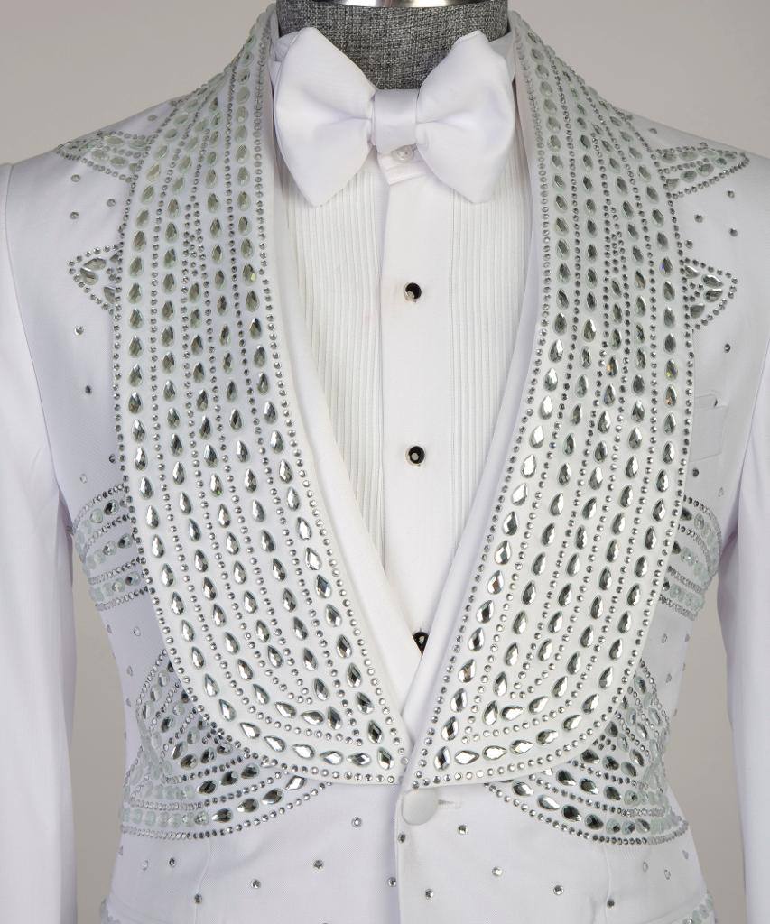 Men's 3 Piece Stone Designed White Tuxedo