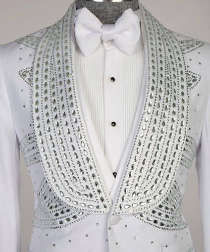 Men's 3 Piece Stone Designed White Tuxedo