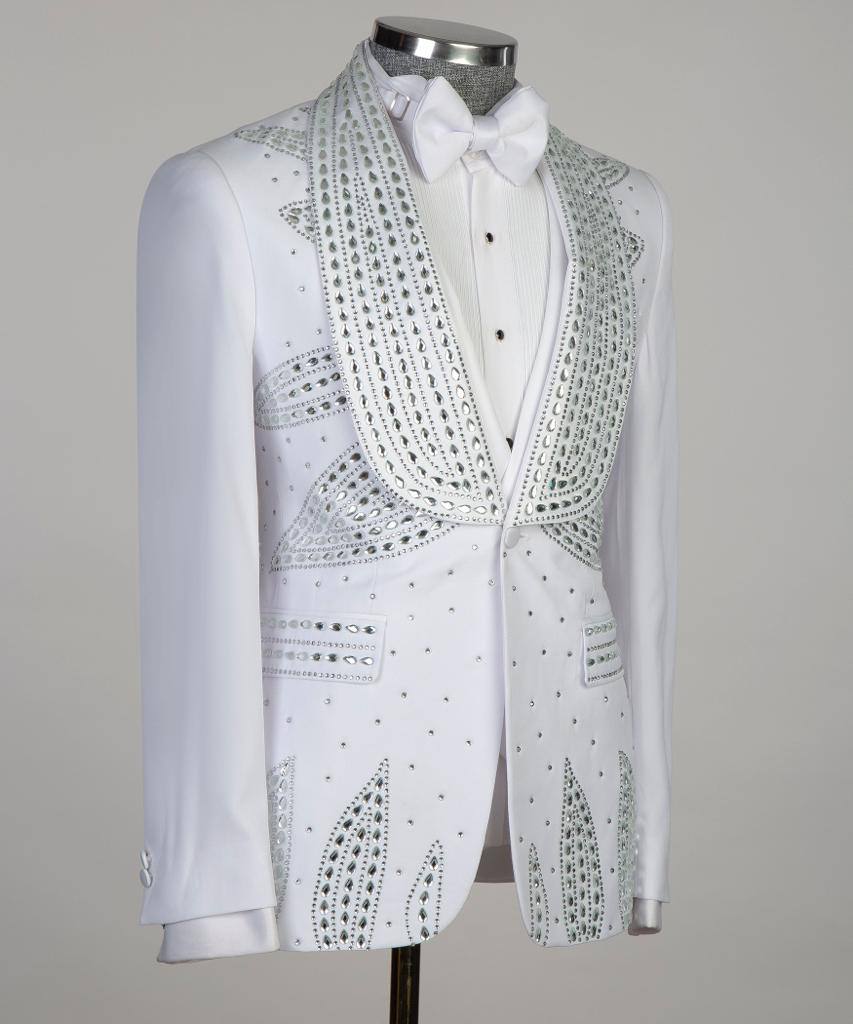 Men's 3 Piece Stone Designed White Tuxedo