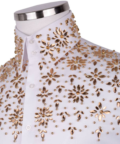 High Collar Exclusive White Shirt with Gold Beads