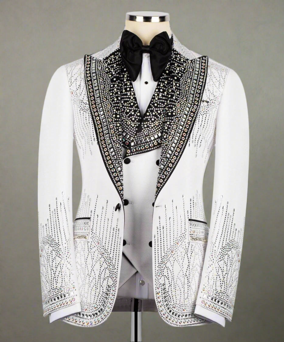 White Tuxedo,3 Piece, Silver Beaded Blazer