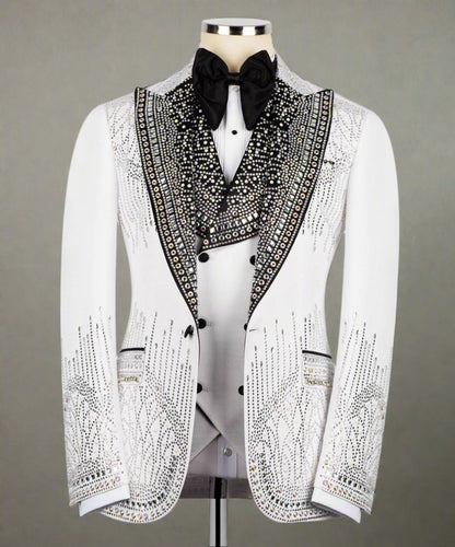 White Tuxedo,3 Piece, Silver Beaded Blazer