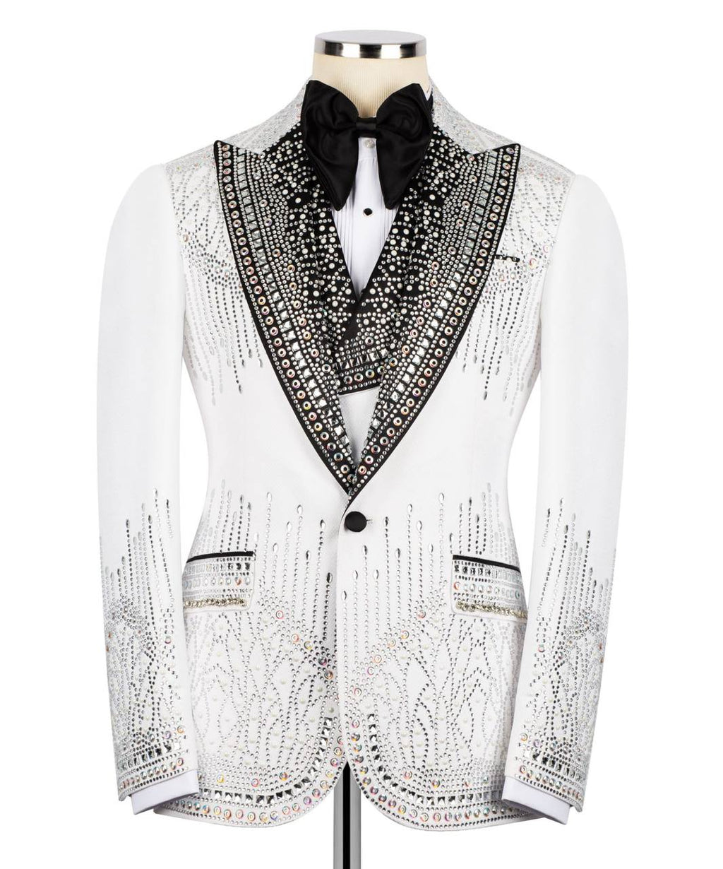 White Tuxedo,3 Piece, Silver Beaded Blazer
