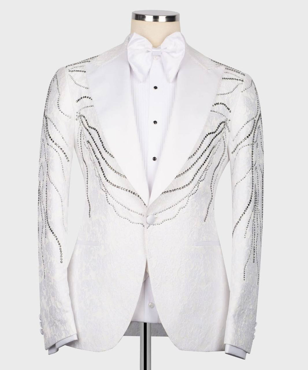 White Tuxedo,3 Piece, Handcrafted Beaded Blazer