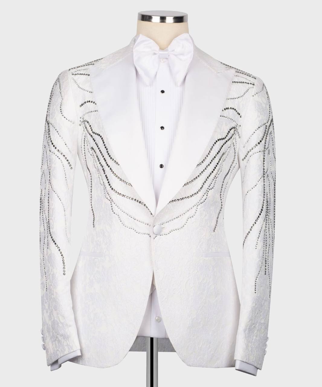 Weißer Smoking, 3-teilig, handbestickter Blazer