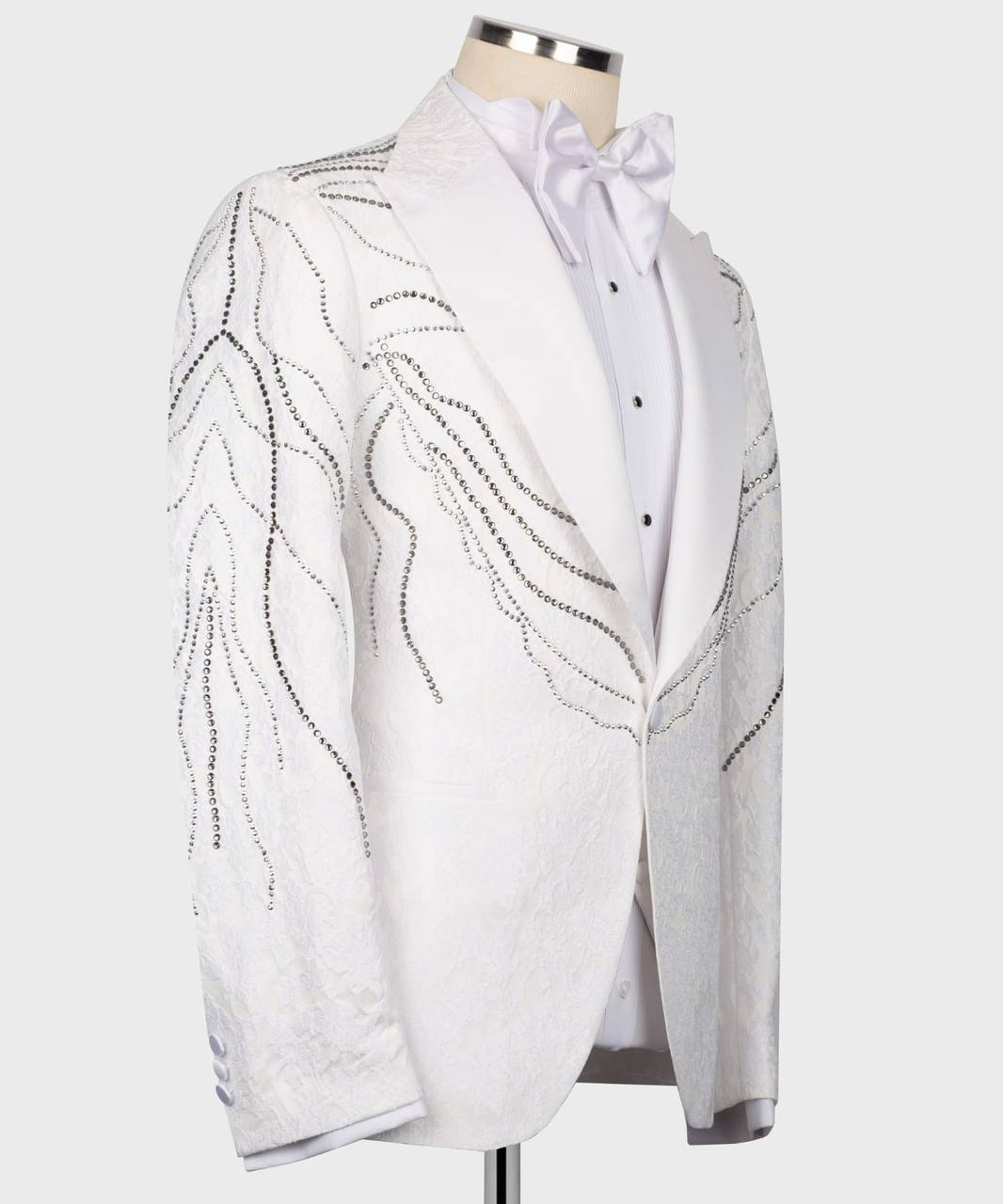 Weißer Smoking, 3-teilig, handbestickter Blazer