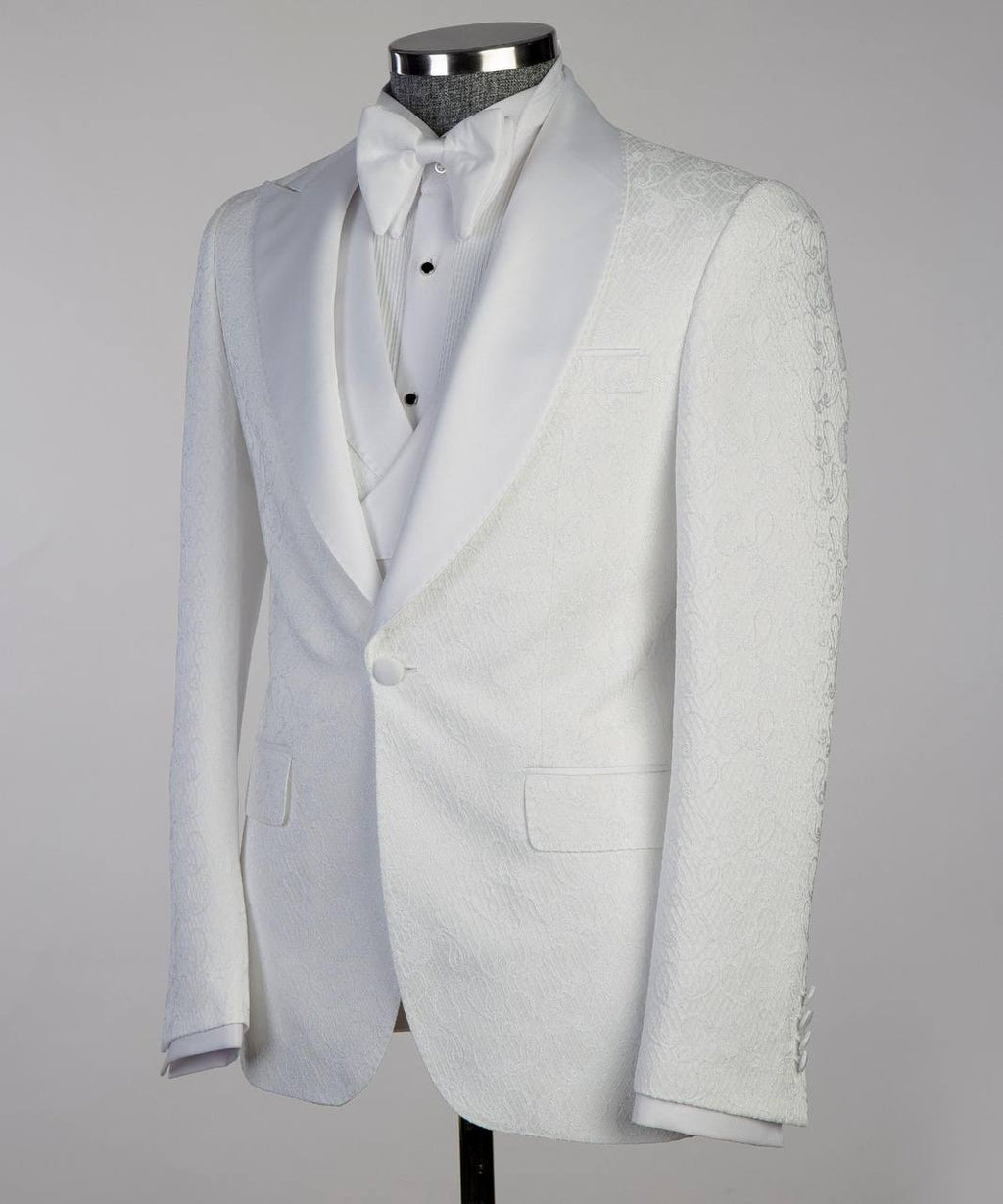 Men's White Patterned Tuxedo-Asymmetrical Satin Lapel