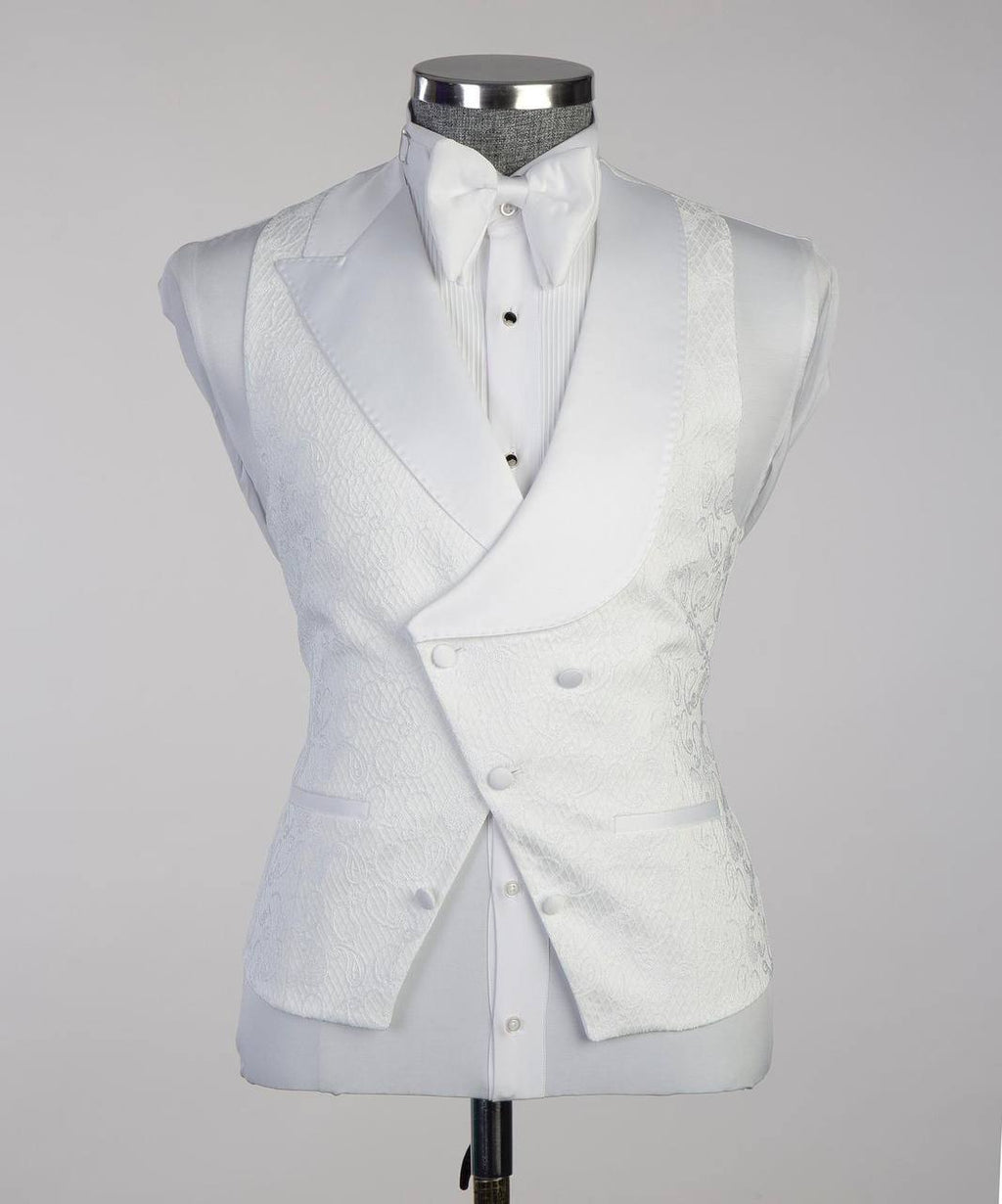 Men's White Patterned Tuxedo-Asymmetrical Satin Lapel