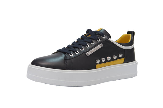 Casual, Handmade, Genuine Leather Mens Shoes 12336 Navy Blue/Yellow