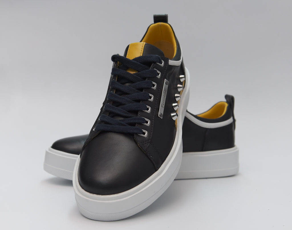 Casual, Handmade, Genuine Leather Mens Shoes 12336 Navy Blue/Yellow
