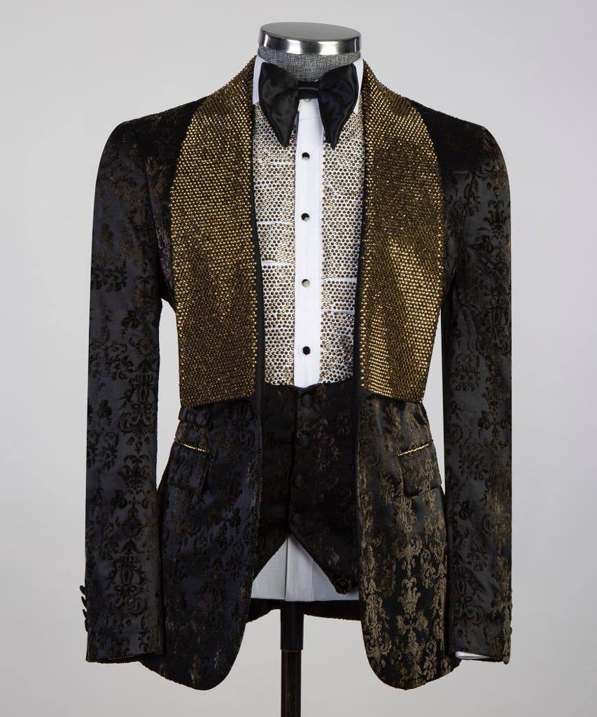Herren Dreiteiler Smoking in Steindesign Gold/Schwarz