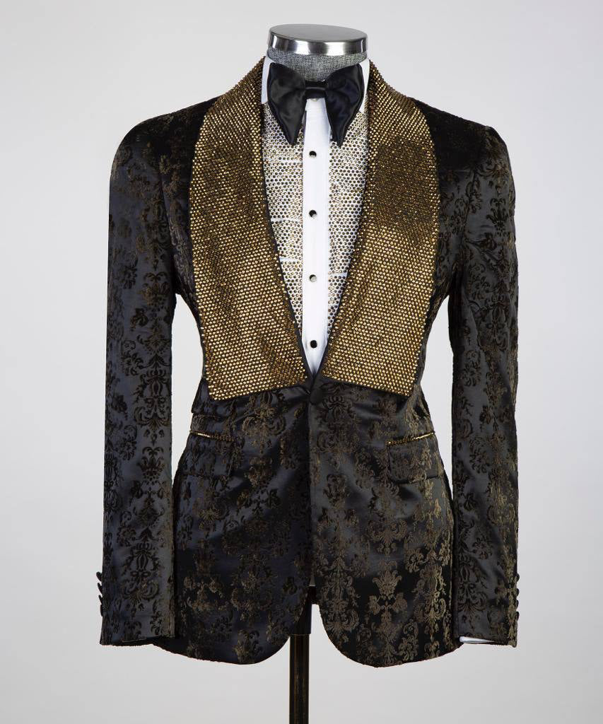 Herren Dreiteiler Smoking in Steindesign Gold/Schwarz
