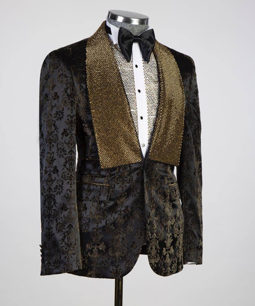 Herren Dreiteiler Smoking in Steindesign Gold/Schwarz