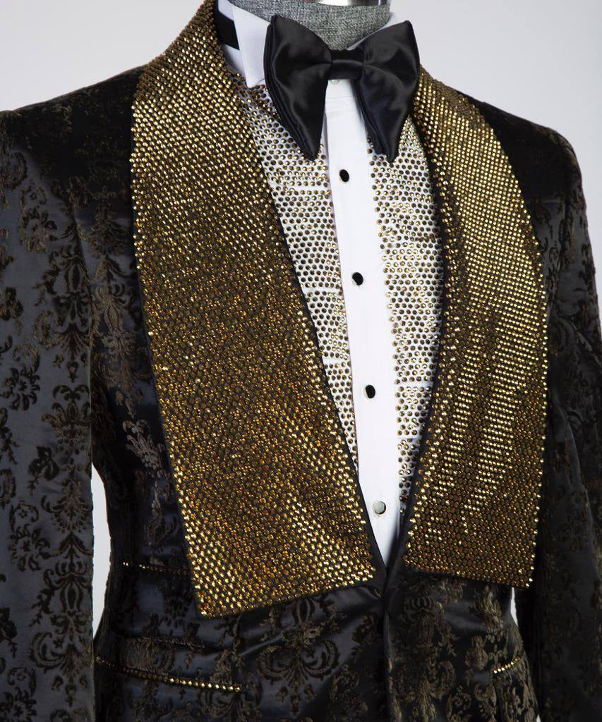 Herren Dreiteiler Smoking in Steindesign Gold/Schwarz