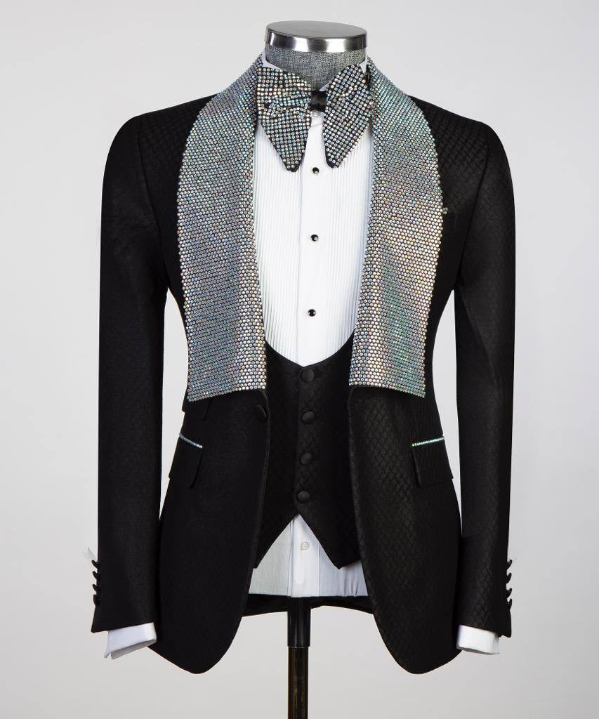 Herren 3-teiliger Smoking in Schwarz mit Steindesign