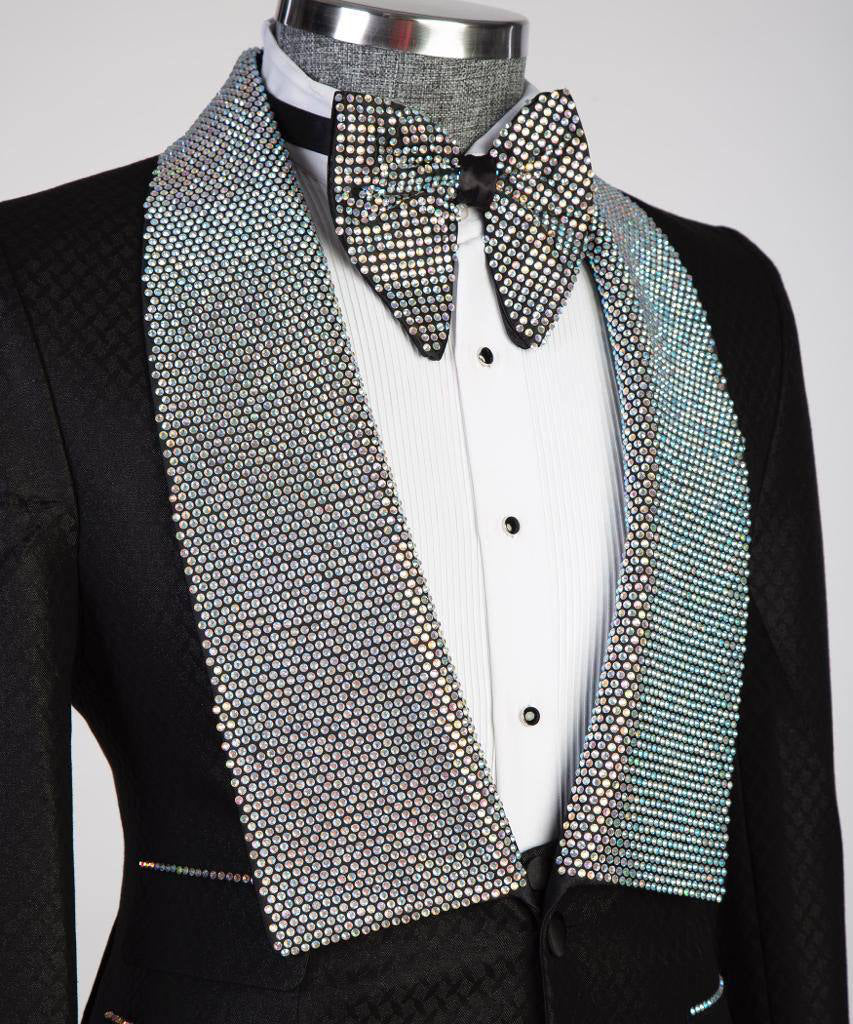 Herren 3-teiliger Smoking in Schwarz mit Steindesign