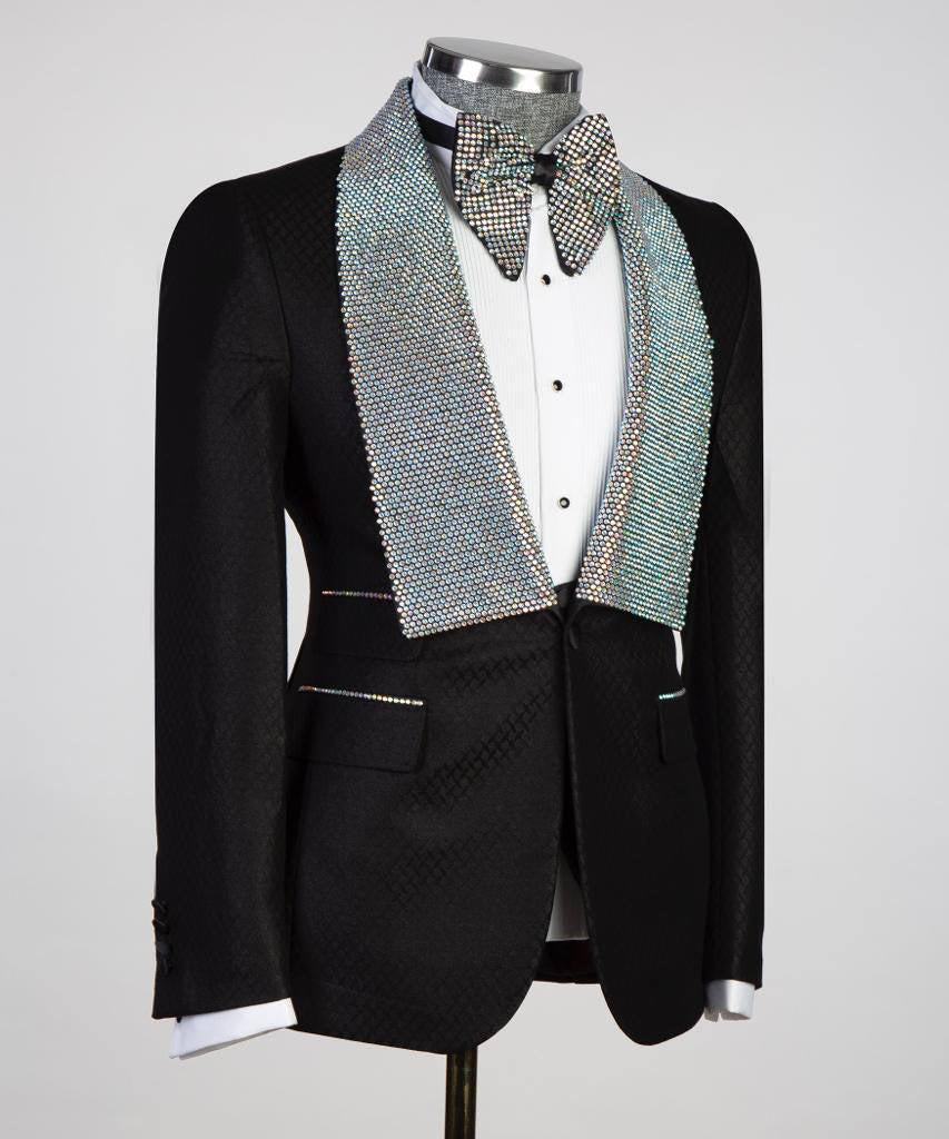 Herren 3-teiliger Smoking in Schwarz mit Steindesign