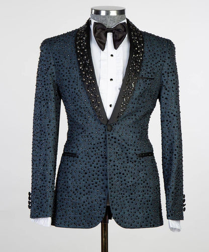 Men's 2 Piece Blue Tuxedo, Shiny, Stoned