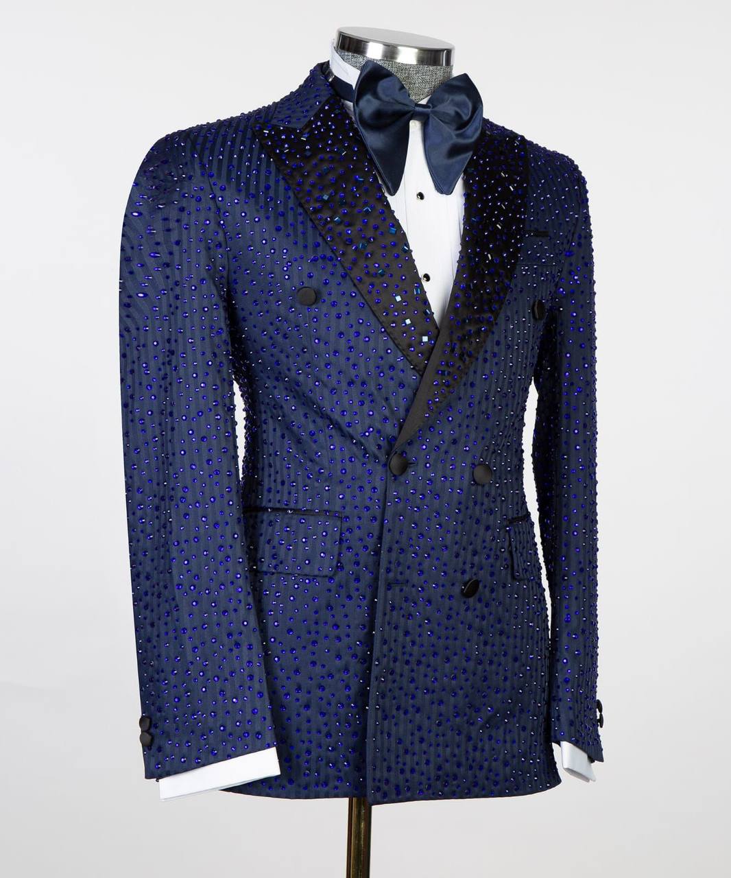 Herren Zweiteiliger Blauer Smoking Zweireiher Bestickt