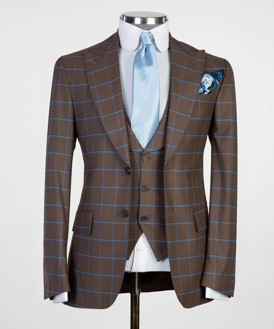 Costume 3 pièces à carreaux pour homme, marron/bleu, revers en pointe, idéal pour mariage, affaires, bal, célébrations, fêtes, USP 