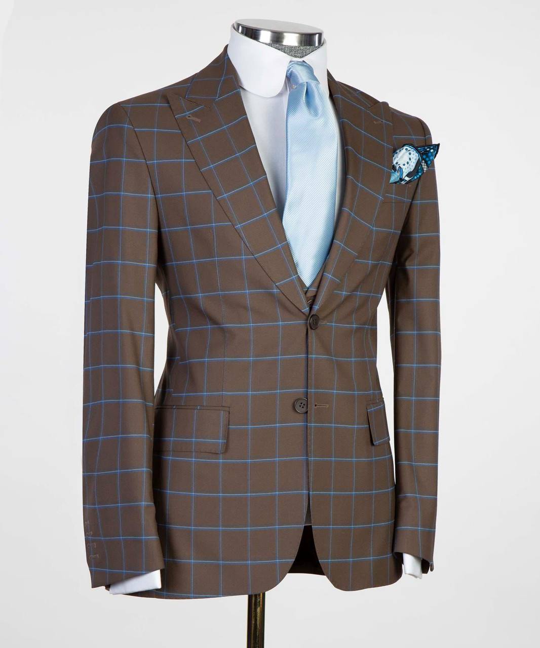 Costume 3 pièces à carreaux pour homme, marron/bleu, revers en pointe, idéal pour mariage, affaires, bal, célébrations, fêtes, USP 