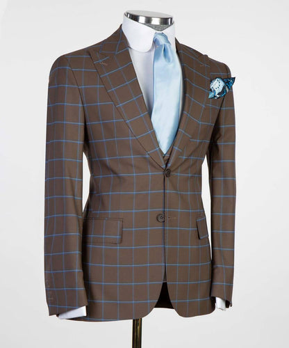Costume 3 pièces à carreaux pour homme, marron/bleu, revers en pointe, idéal pour mariage, affaires, bal, célébrations, fêtes, USP 