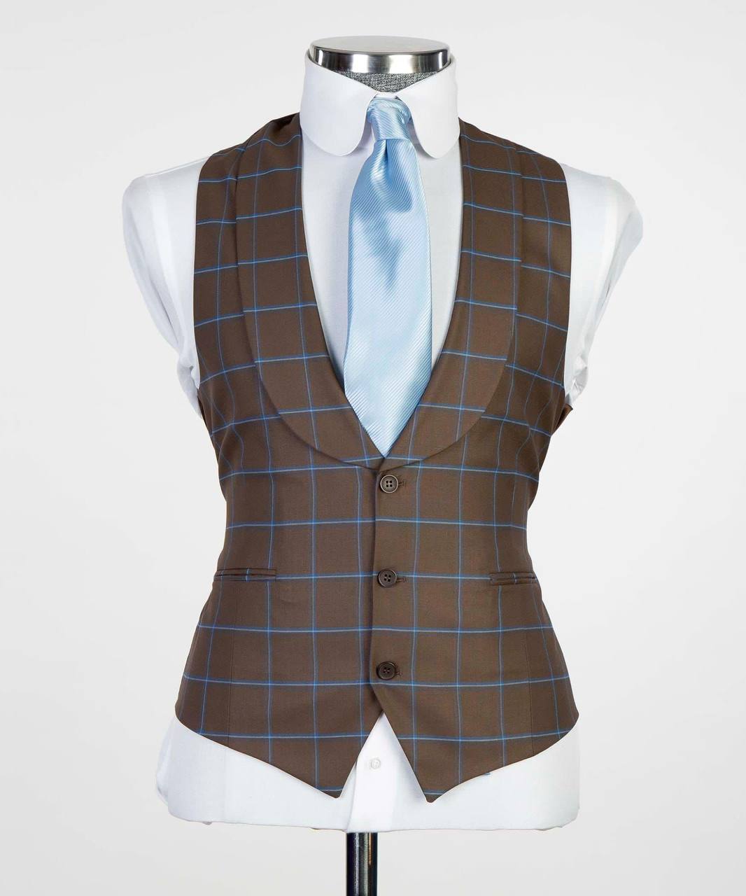 Costume 3 pièces à carreaux pour homme, marron/bleu, revers en pointe, idéal pour mariage, affaires, bal, célébrations, fêtes, USP 