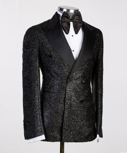 Smoking 2 pièces pour homme, double boutonnage, brillant, costume, look élégant, idéal pour les mariages, fêtes, bal, célébrations, noir/noir
