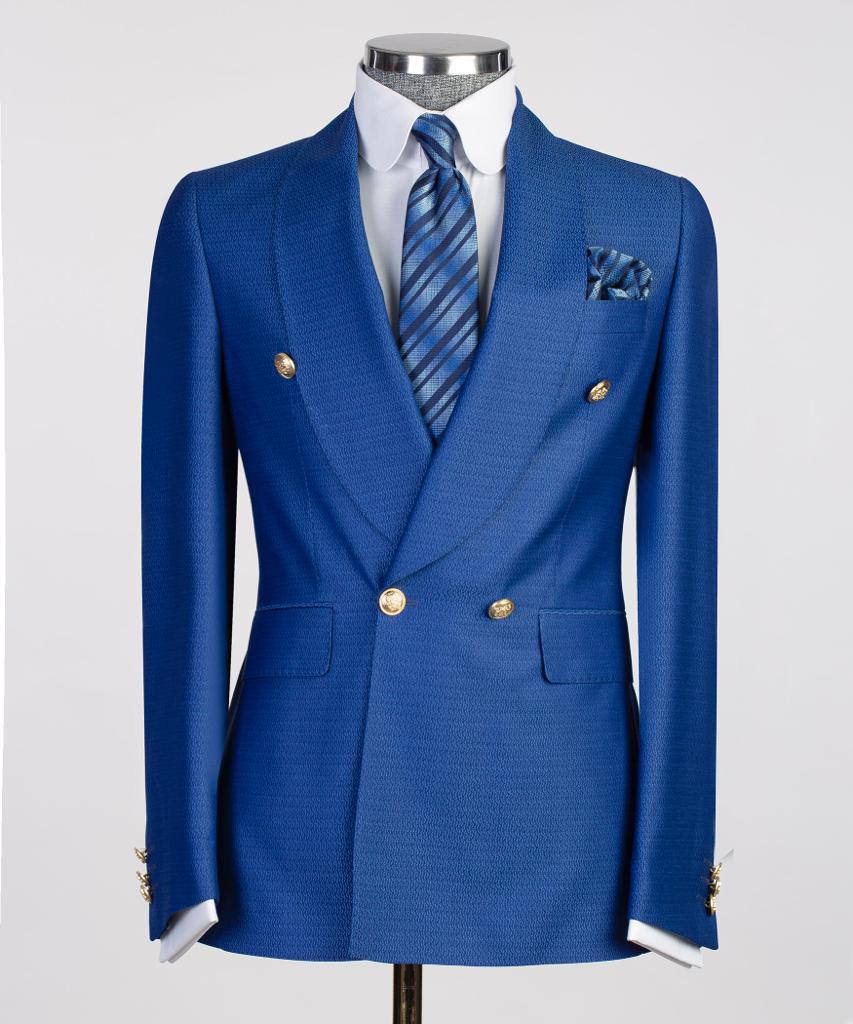 Costume 2 pièces croisé pour homme, bleu, revers châle, conçu pour un look élégant, KLD