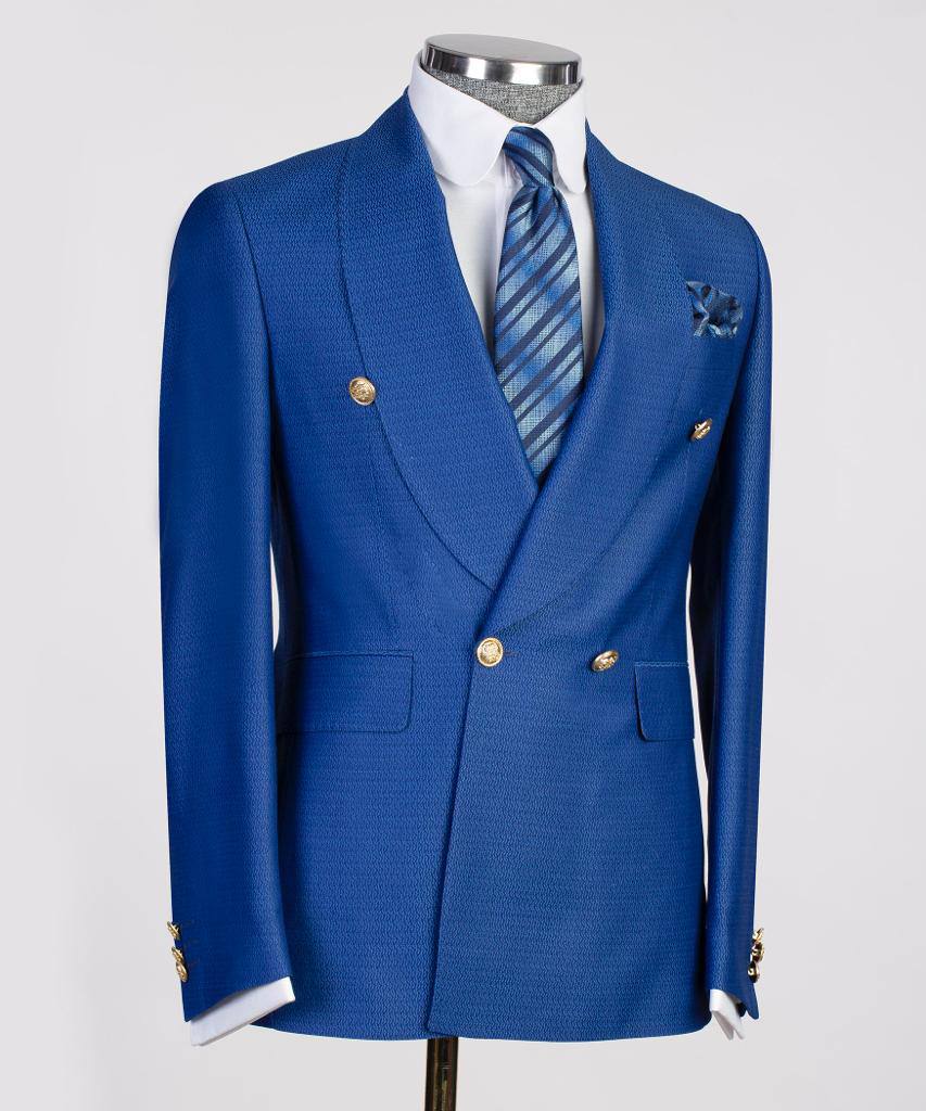Costume 2 pièces croisé pour homme, bleu, revers châle, conçu pour un look élégant, KLD