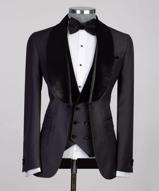 Men's 3 Piece Black Tuxedo Suit, Velvet Collar