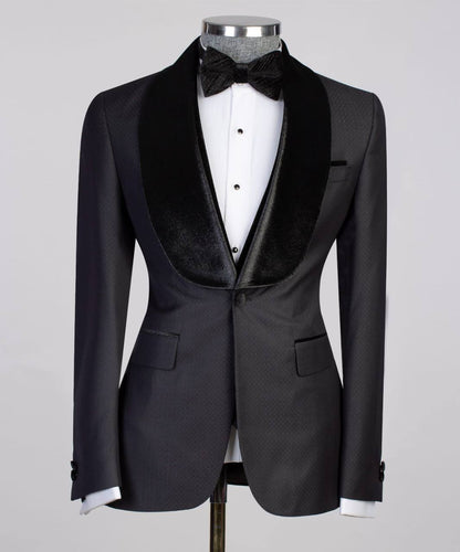 Smoking noir 3 pièces pour homme, costume, revers châle en velours, costume 