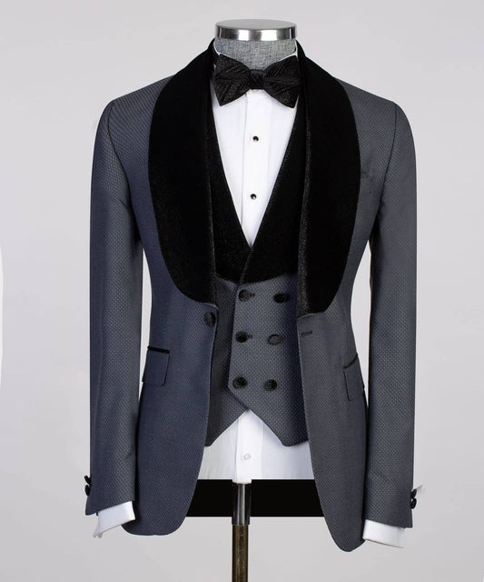 Smoking gris 3 pièces pour homme, costume, revers châle en velours, costume 