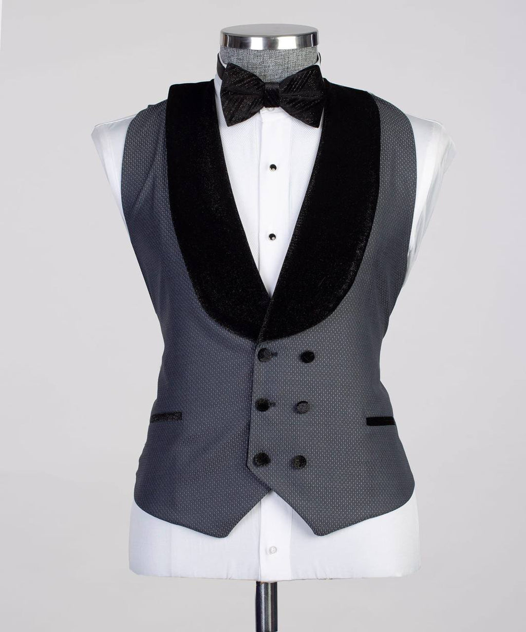 Men's 3 Piece Grey Tuxedo, Suit, Velvet Shawl Lapel, Costume
